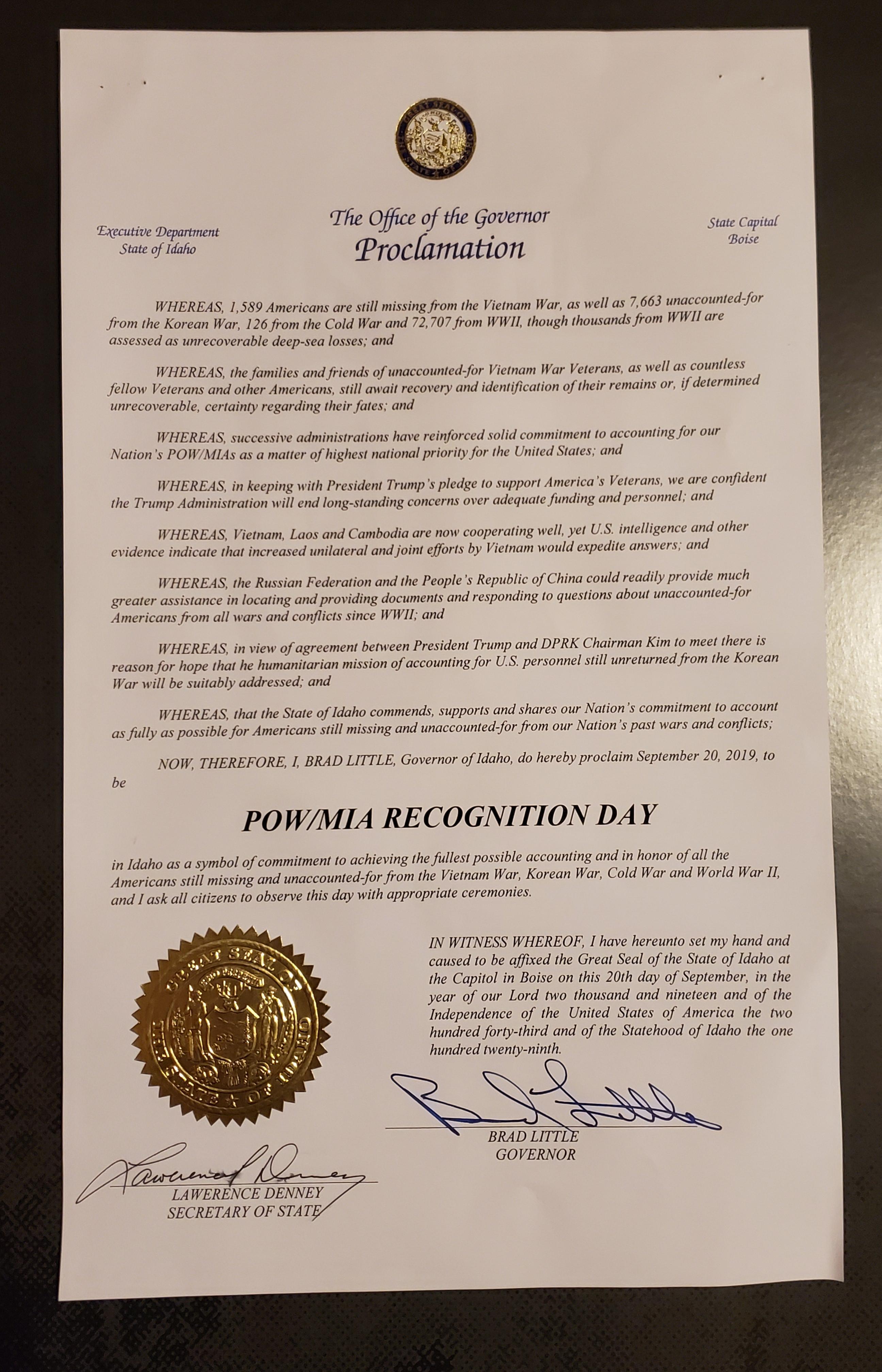 National Recognition Day Governor's Proclamation 2019 – POW*MIA Rodeo