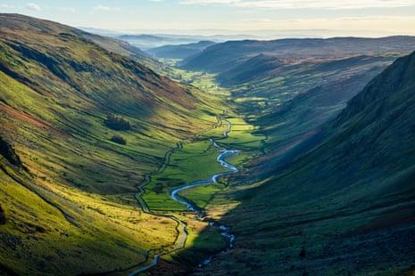 Looking down Longsleddale from Steel Rigg in the Lake District, with the River Sprint and the track to Gatescarth Pass nearby.